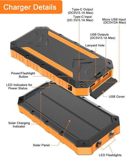 Solar-Power-Bank-Portable-Charger-42800Mah Solar Phone Charger with 4 USB Ports/Led Flashlight Fast Charge USB C External Backup Battery Pack Compatible with Iphone Tablet, for Outdoor, Camping