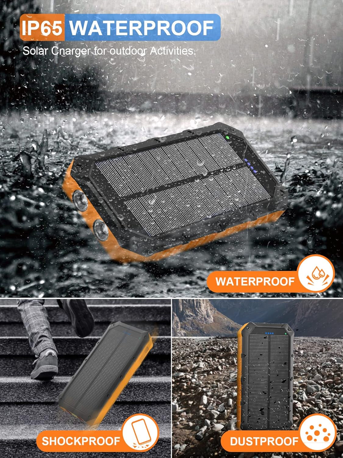 Solar-Power-Bank-Portable-Charger-42800Mah Solar Phone Charger with 4 USB Ports/Led Flashlight Fast Charge USB C External Backup Battery Pack Compatible with Iphone Tablet, for Outdoor, Camping