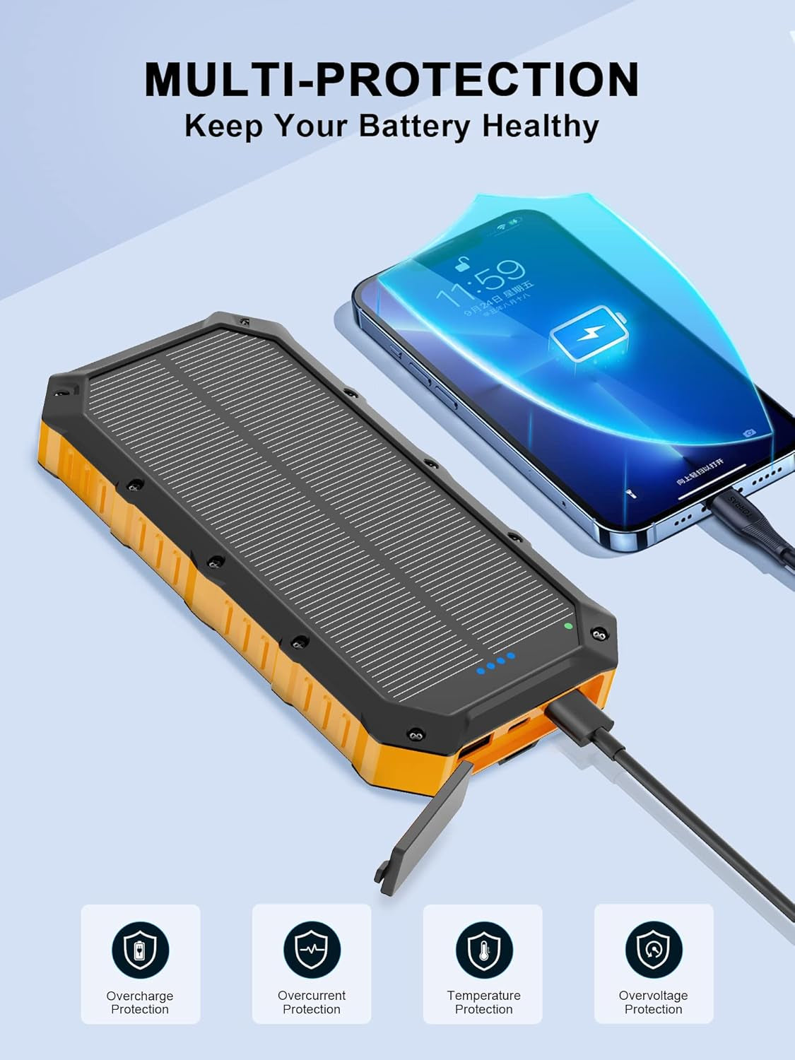 Solar-Power-Bank-Portable-Charger-42800Mah Solar Phone Charger with 4 USB Ports/Led Flashlight Fast Charge USB C External Backup Battery Pack Compatible with Iphone Tablet, for Outdoor, Camping