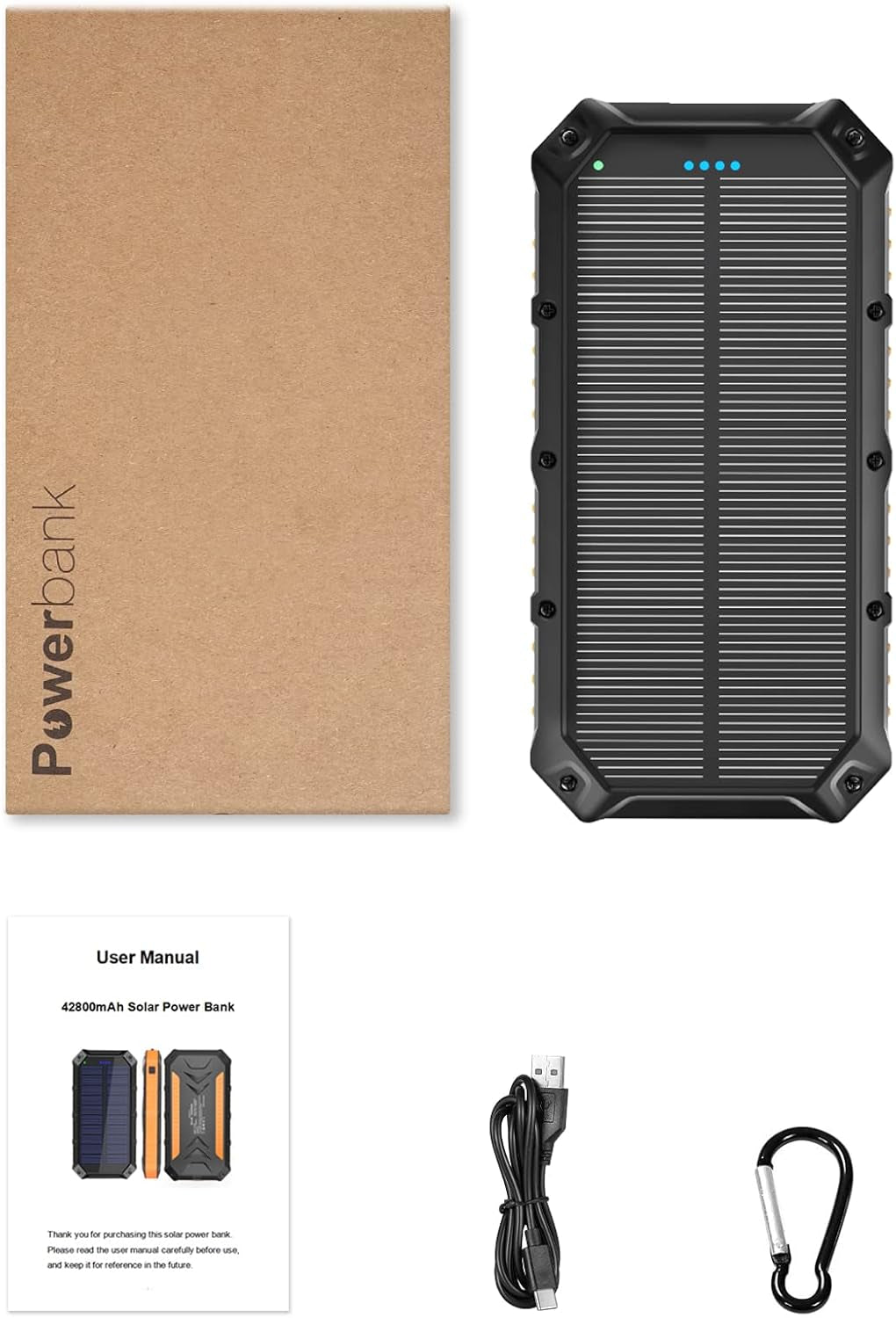 Solar-Power-Bank-Portable-Charger-42800Mah Solar Phone Charger with 4 USB Ports/Led Flashlight Fast Charge USB C External Backup Battery Pack Compatible with Iphone Tablet, for Outdoor, Camping