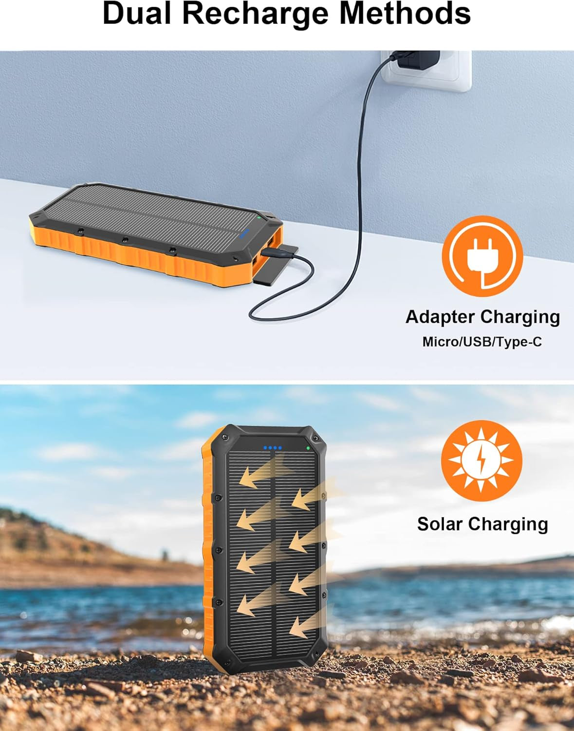 Solar-Power-Bank-Portable-Charger-42800Mah Solar Phone Charger with 4 USB Ports/Led Flashlight Fast Charge USB C External Backup Battery Pack Compatible with Iphone Tablet, for Outdoor, Camping